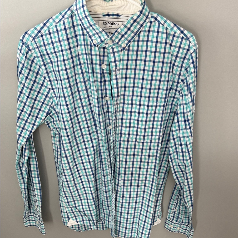 Express Men's Teal and White Checkered Shirt
